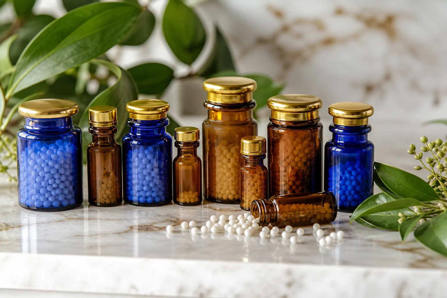 Traditional homeopathic medicine bottles used in skin care practice
