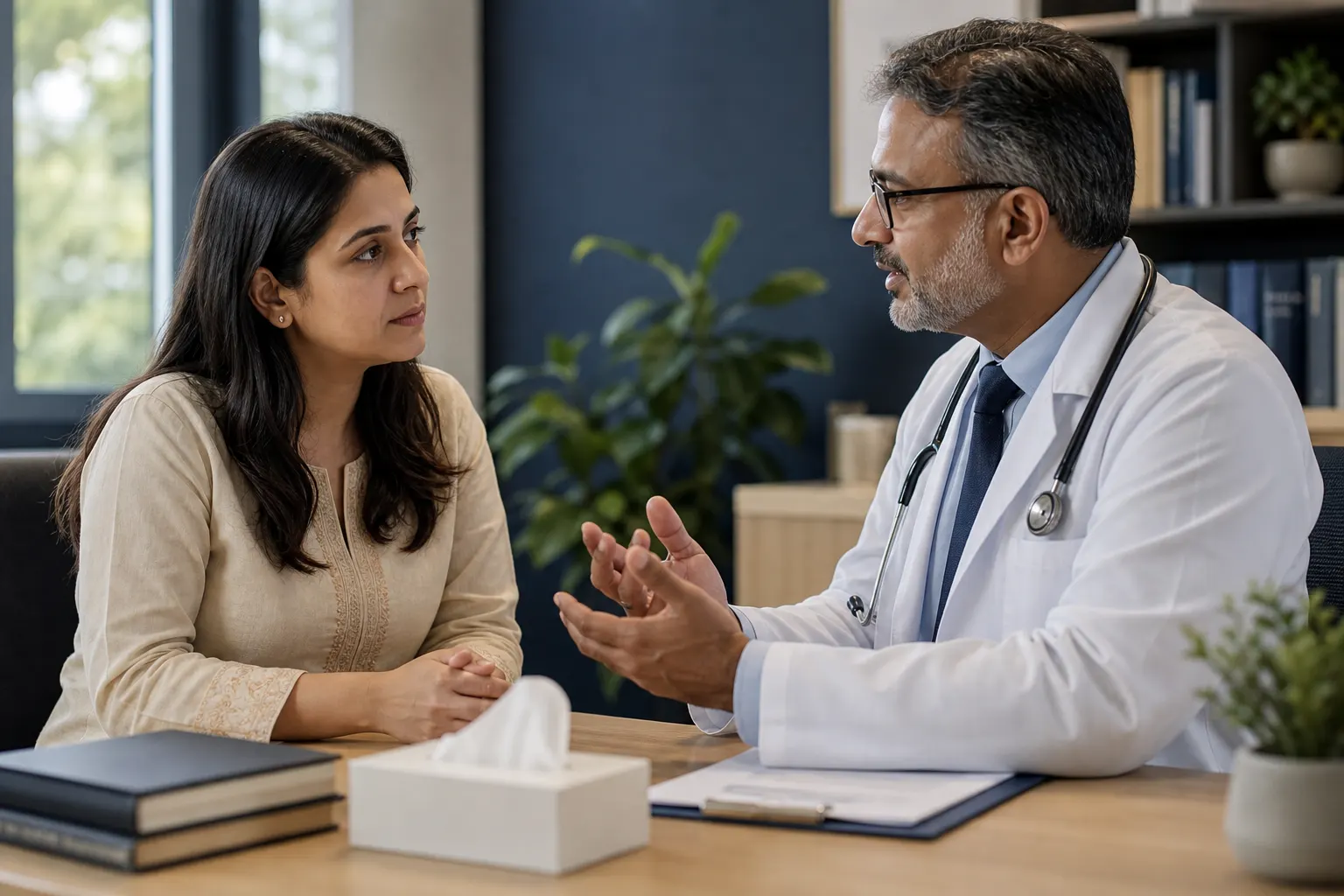 Doctor consulting a patient about allergy symptoms in a private clinic