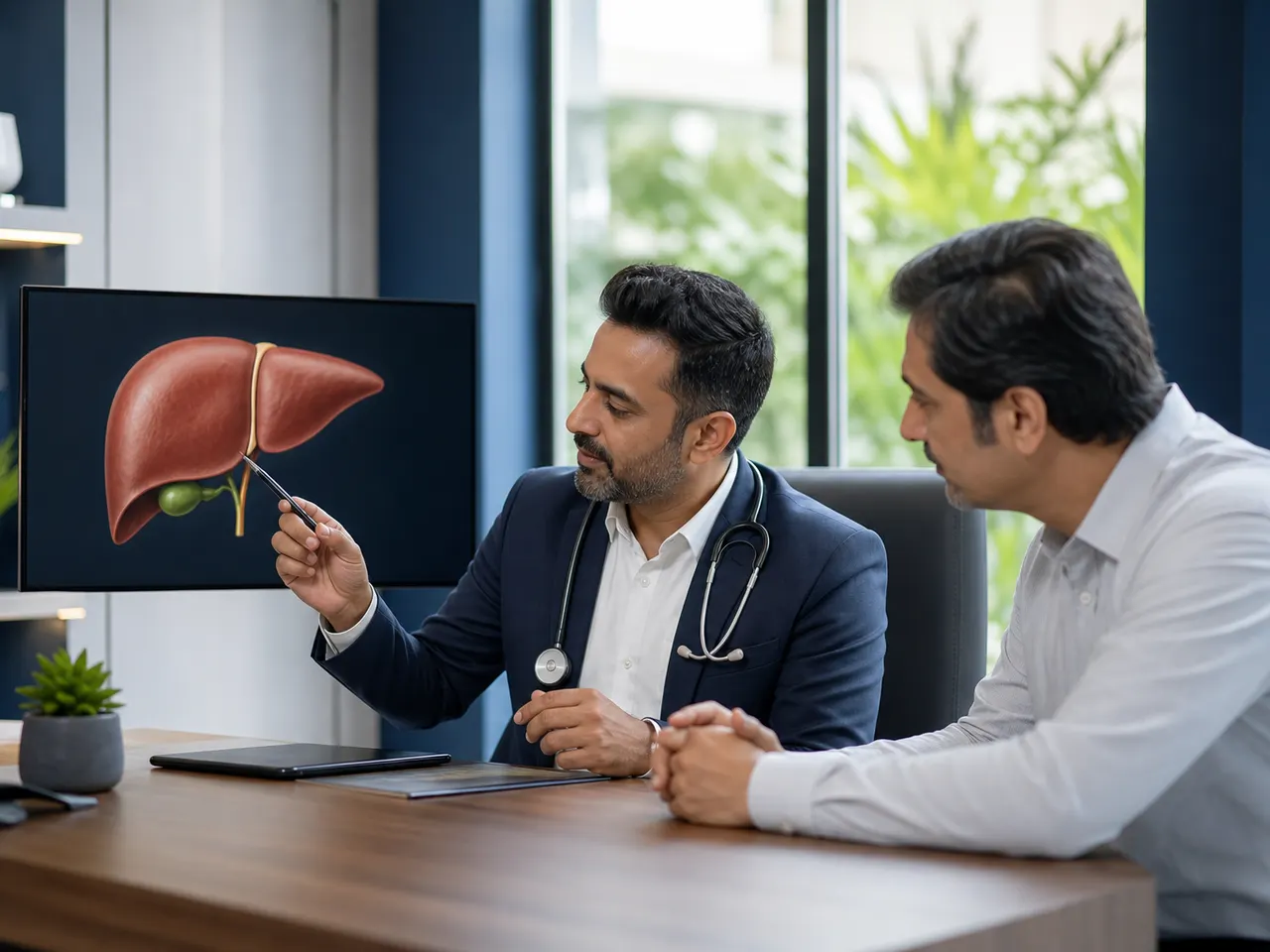 Doctor consulting an adult patient about liver health