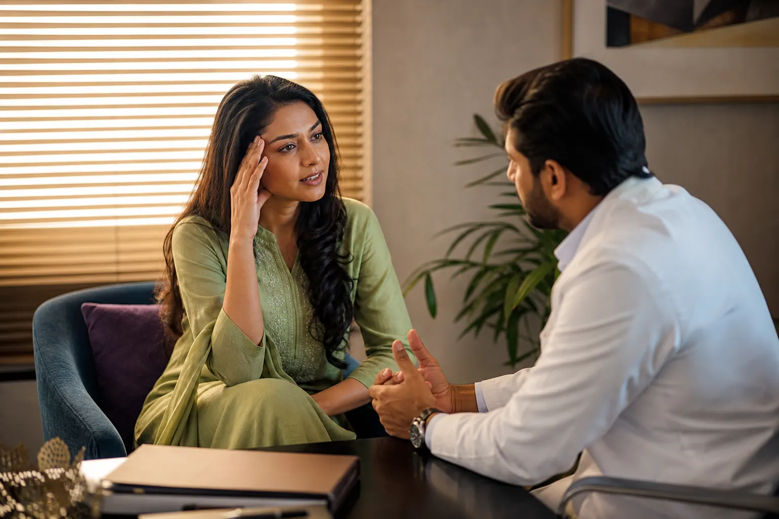 Doctor consulting a patient about migraine in a quiet clinic