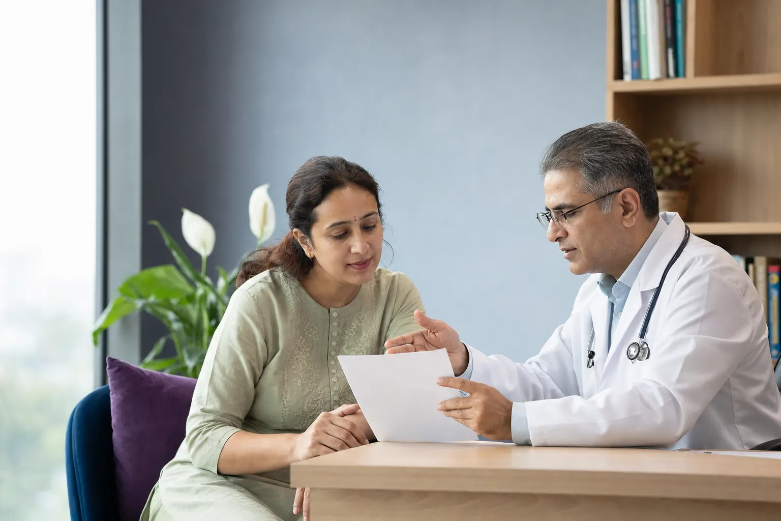 Doctor and patient reviewing a personalized homeopathic care plan in a calm private clinic